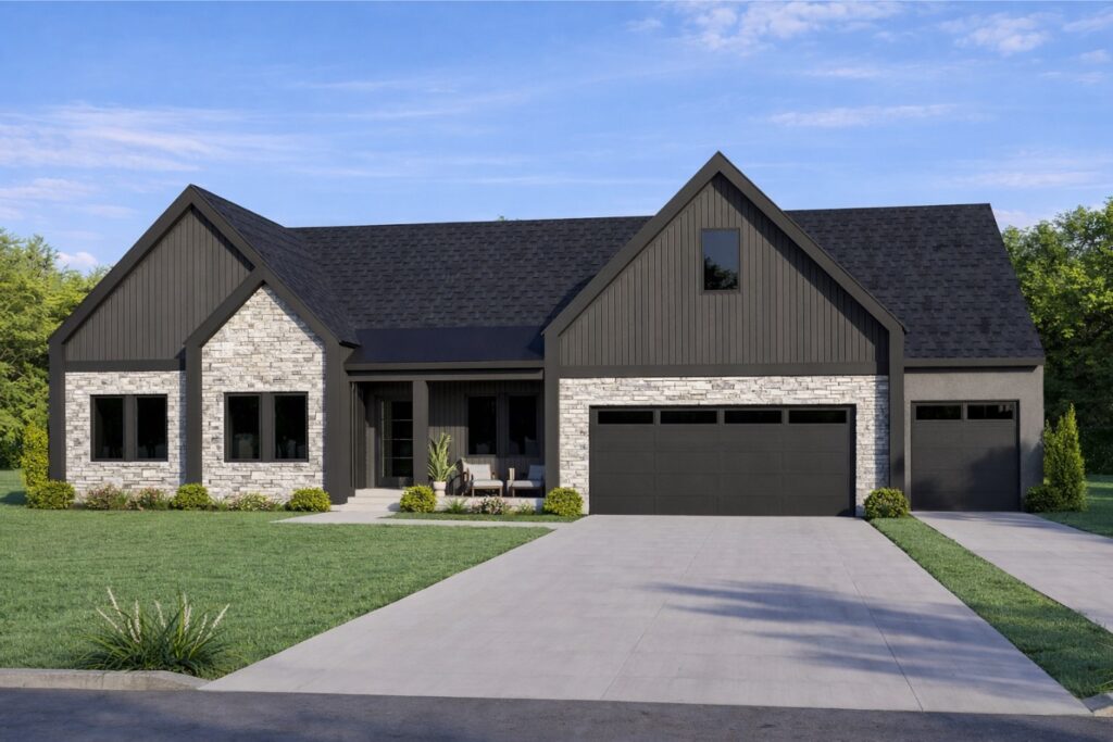 A house with a garage and driveway surrounded by trees is shown under clear skies.