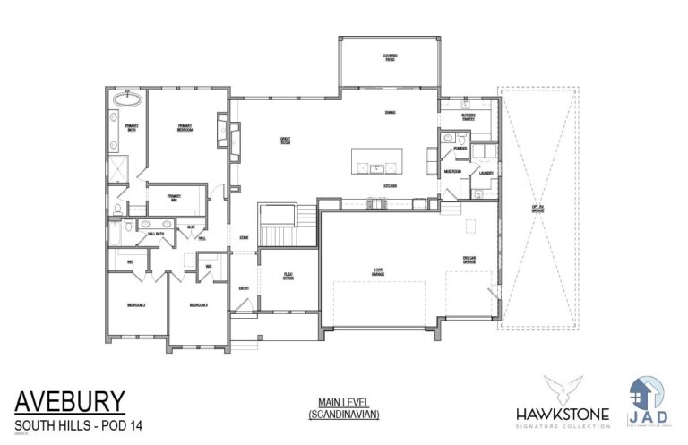The blueprint of an apartment building with a main level and two levels above it labeled "South Hills - Pod 2" and.