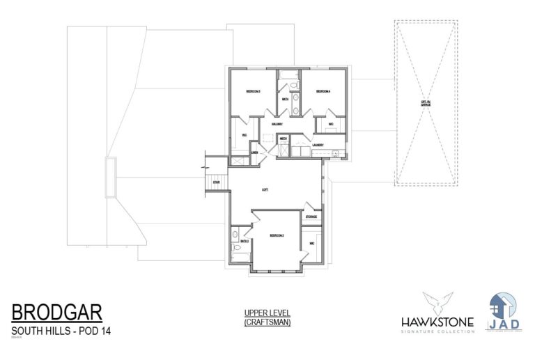 The image is a blueprint of an upper level floor plan for a building called "Brodgar South Hills Pod" and is.