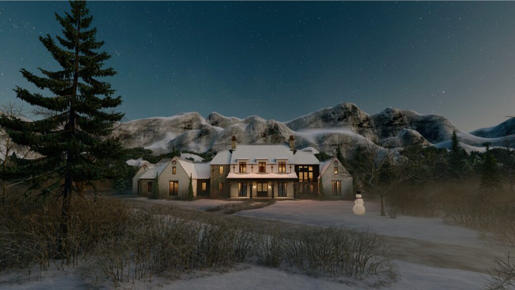 A snowy landscape with a house and mountains in the background.