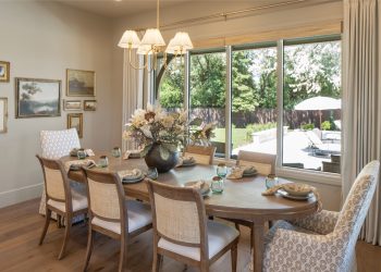 A room with a dining table and chairs is shown through a filter effect.